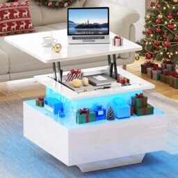 YITAHOME Coffee Table with Lift Top, 60x60x45cm, High Glossy, LED Light, 2 Drawers, Modern Wooden