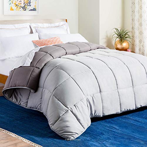Linenspa All-Season Reversible Down Alternative Quilted Comforter - Corner Duvet Tabs - Hypoallergenic - Plush Microfiber Fill - Box Stitched - Machine Washable - Stone/Charcoal - Twin XL