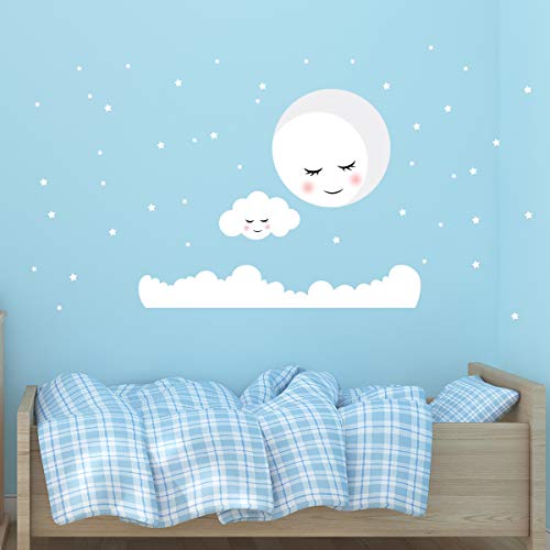 Ambiance Stickers Adorable Moon and Cloud Wall Decals, 40cm Largest Moon and Cloud with 80 Pieces Different Size Stars, Nursery and Children's Room Wall Art Decor Glow in The Dark