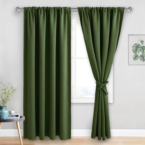 JIUZHEN Christmas Blackout Curtains for Bedroom - Thermal Insulated Room Darkening Noise Reducing, 52 x 84 Inch Length Curtains for Living Room, Set of 2 Panels with Tiebacks, Olive Green