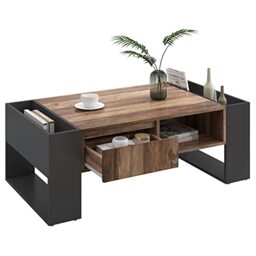 Merax Wood Grain Coffee Table - Handleless Drawer and Double-Sided Storage Compartment - Black Wood Color