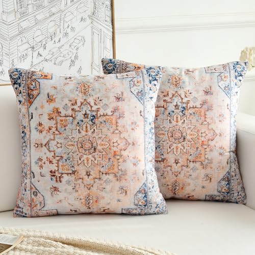 BUAEL Boho Throw Pillow Covers 24x24 inch Set of 2,Boho Vintage Carpet Pattern Antique Ethnic Decor Double Sided Pattern Cushion Cover Soft Pillow Case Living Sofa Room Bed Square Pillow Cover