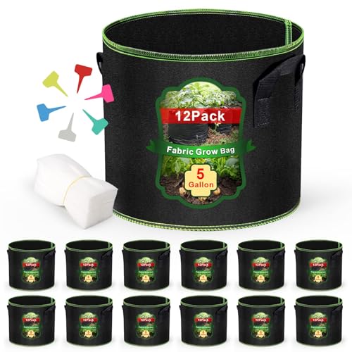 MEKOLIFE Grow Bags of 12-Pack 5Gallon, Garden Planter Bags with Handles, Thickened Nonwoven Fabric Aeration Planting Pots, Vegetable Gardening Fabric pots with Plant Tags and Seedling Bags, Black