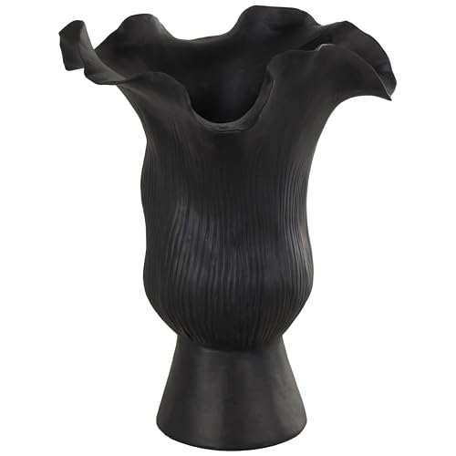 "Deco 79 Ceramic Abstract Floral Inspired Vase with Wavy Folded Rim and Linear Grooves, 8"" x 7"" x 11"", Black"