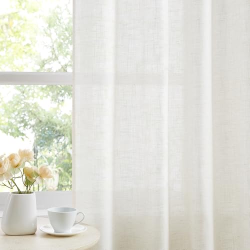 Treatmentex Flax Blend Linen Semi Sheer Curtains 52 x 45 White Light Filtering Privacy Curtains for Small Windows Rod Pocket, 2 Panels