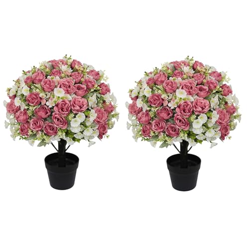 "Aoutyers 24"" Artificial Flowers for Outdoors Set of 2 ??? UV Resistant Fake Peonies Silk Flowers Mixed Faux Eucalyptus in Cement Pots for Covered Outside Front Porch Home Indoor Spring Decor"