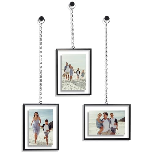 Americanflat Metal Floating Frame with Chain - Set of 3 - Use as 4x6 Picture Frame - Pressed Flower Display for Wall Decor - Elegant Black Molding with Shatter-Resistant Glass