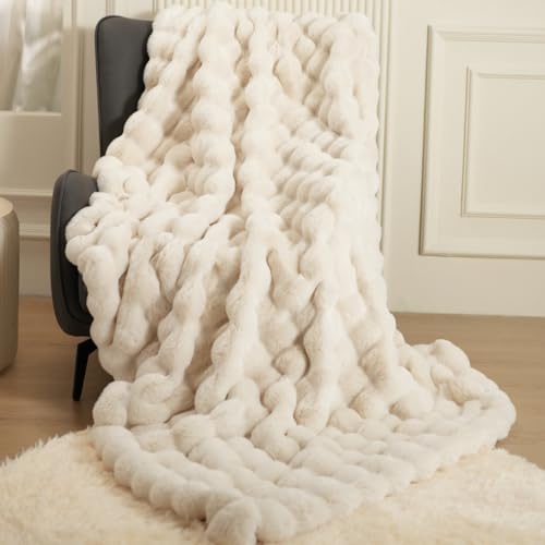Super Comfort Oversized Warm Thick Bubble Double Sided Plush Rabbit Faux Fur Throw Blanket, fluffy blanket,Soft Cozy Blanket for Couch Chair Bed Sofa Living Room,White60'' x 80''