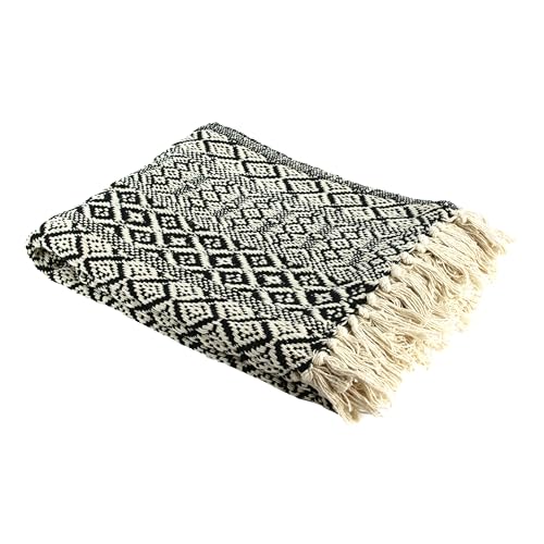 HOME DECO FACTORY TX8003 Ethnic Plaid Plaid Blanket with Fringe Design, Cotton, Ecru Black, 150 x 120 x 1 cm