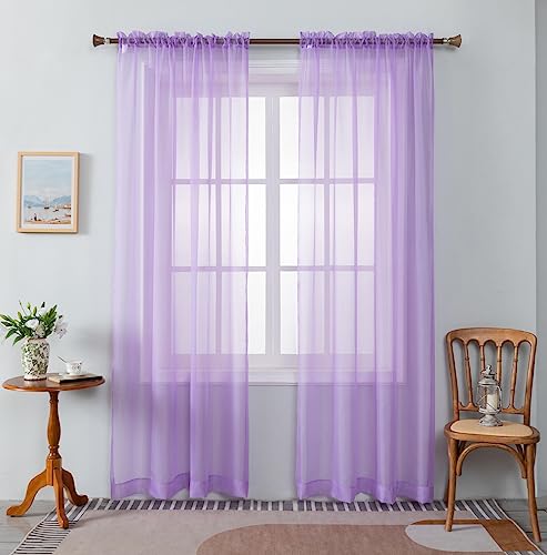 "WPM Lavender Purple Sheer Curtains 58"" Wide x 84"" Long 2 Panels Livingroom Window Treatment Rod Pocket Sheer Voile for Bedroom, Kitchen, Childrens Room Fully Stitched and Hemmed"