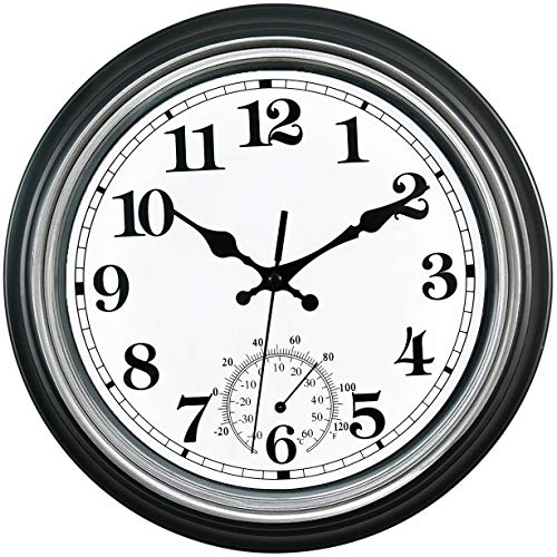 SMILEMARY 12-Inch Indoor/Outdoor Retro Silent Non-Ticking Waterproof Wall Clock with Thermometer,Battery Operated Quality Quartz Round Clock Wall Decorative for Patio/Home