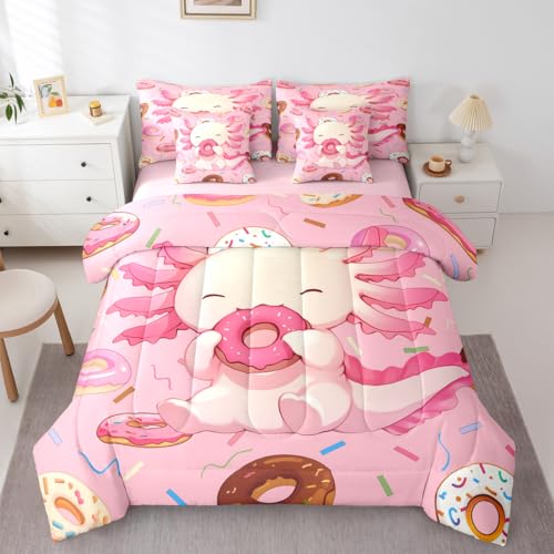Erosebridal Donut Axolotl 7 Pieces Bed in A Bag Queen- Pink Cute Axolotl Comforter Set with Sheets for Girls Kids Teens Cartoon Dessert Bedding Set with Flat Fitted Sheets Girly Pink Animal Bed Sets