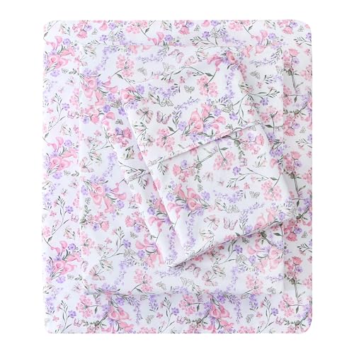 Mooreeke Cozy Vintage Microfiber Printed Full Sheet Set - Soft Breathable Percale Cotton Floral Bed Sheets with Deep Pocket - Non-Slip Fitted Design - Pink Purple Flowers Pattern