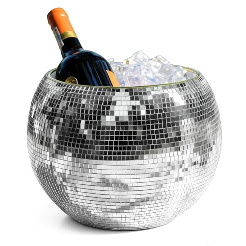 Wittolins Disco Ice Bucket for Cocktail Bar,Mirror Silver Disco Ball Decor,Retro Party Accessories,9.8 Inch Disco Ball Theme Party Decorations,Cooler for Wine Beer Champagne Ice Cold Drinks