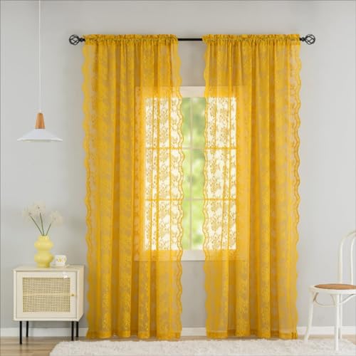 YJ YANJUN Mustard Yellow Curtains, 96 Inches Long for Living Room, Retro Lace, Mid Century Modern, Light Filtering Sheer, 2 Panels Set, 8ft