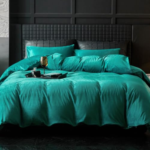 WARMDERN Teal Blue Flannel Velvet Duvet Cover King Size, 3-Piece - Ultra Soft Touch, Luxury Texture, Modern Crystal Velvet, Hidden Zipper, 4 Ties, Breathable Lightweight Washable Bedding Set