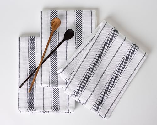 Casa De Lan Kitchen Towels Set ??? Pack of 3 (20?????? x 30??????) Extra Large Premium Cotton Dish Towels for Kitchen ??? Chain Stripe Towels ??? Highly Absorbent ??? 100% Cotton ??? with Hanging Loop ??? Dark Grey