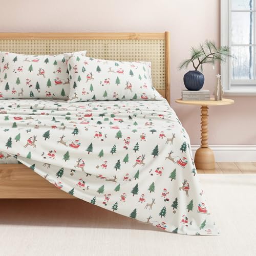 Great Bay Home Christmas Flannel Sheet Set Full Size - 100% Turkish Cotton, Double-Brushed, Winter Bed Sheets - Ultra-Soft, Cozy, 4-Piece Holiday Bedding Set (Santa)