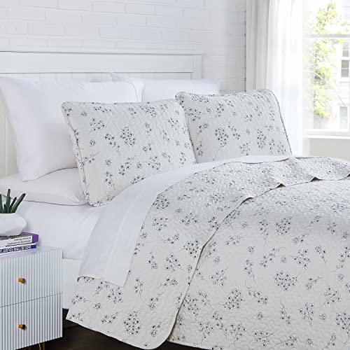 Southshore Fine Living, Inc. Oversized Coverlet Set, Sweet Flowers Print Quilted Bedspread Queen Size/Full Size, 3-Piece Floral Bedding Set and Matching Shams, All Season Microfiber Fabric, Grey