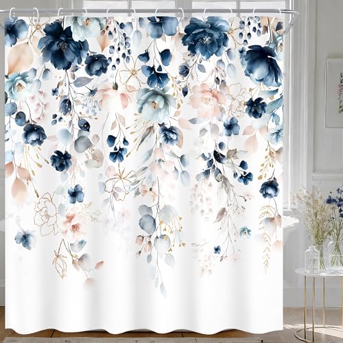 "Ufeela Blue Pink Floral Extra Long Rustic Bathroom Shower Curtain Set - 72""W x 84""L Boho Wildflower style, clear shower print, fast-dry fabric and hooks for a simple bath update."