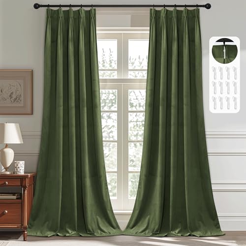 StangH Pinch Pleated Room Darkening Velvet Curtains, Luxury Thermal Insulated Sliding Door Drapes for Living Room Back Tab Christmas Decor Window Treatments, Moss Green, W38 x L108, 2 Panels