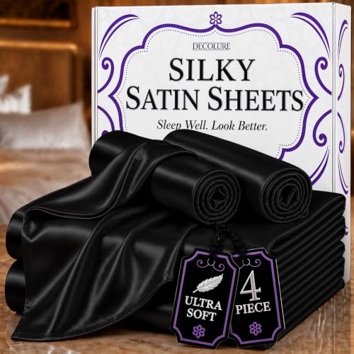 "Decolure Satin Bed Sheets - 4-Piece Luxury Silky Full Size Set - Softer Than Silk, Wrinkle-Free, 15"" Deep Pocket Fitted Sheet, Perfect for Hair & Skin, Gifts for Women (Black)"