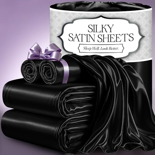 "Decolure Satin Bed Sheets - 4-Piece Luxury Silky Full Size Set - Softer Than Silk, Wrinkle-Free, 15"" Deep Pocket Fitted Sheet, Perfect for Hair & Skin, Gifts for Women (Black)"