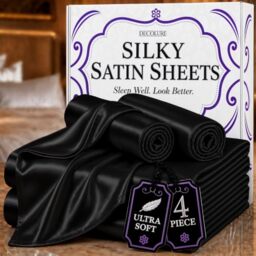 "Decolure Satin Bed Sheets - 4-Piece Luxury Silky Full Size Set - Softer Than Silk, Wrinkle-Free, 15"" Deep Pocket Fitted Sheet, Perfect for Hair & Skin, Gifts for Women (Black)"