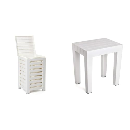 TATAY Lombok cesto para la ropa, 55L de capacidad, con tapa, color blanco. + Rectangular Bench made of White Textured Polypropylene, with Wood Effect Finish.