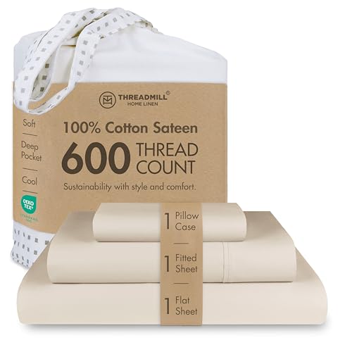 "Threadmill 600 Thread Count Cotton Twin Sheet Set, Sateen, Beige, 3-Piece - 100% Cotton, Sateen Weave, 3-Piece Set, 15"" Deep Pocket, Cooling, OEKO-TEX Certified, Machine Washable"