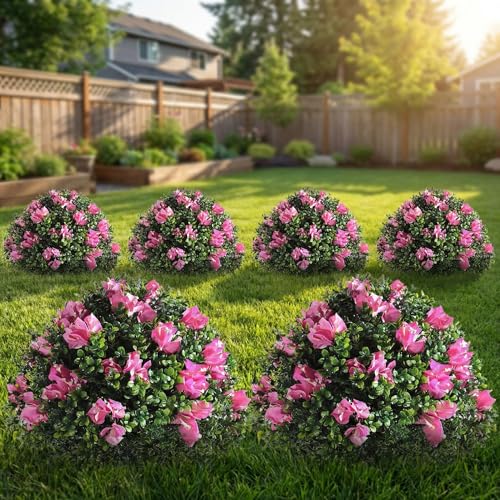 Yunlly 6 Pack Artificial Bougainvillea Flowers Boxwood Topiary Ball Tree 18 Inch Faux Bush Outdoor Plants with Ground Spike, UV Resistant Fake Shrubs for Garden, Yard, Porch, Patio Decor (Pink)