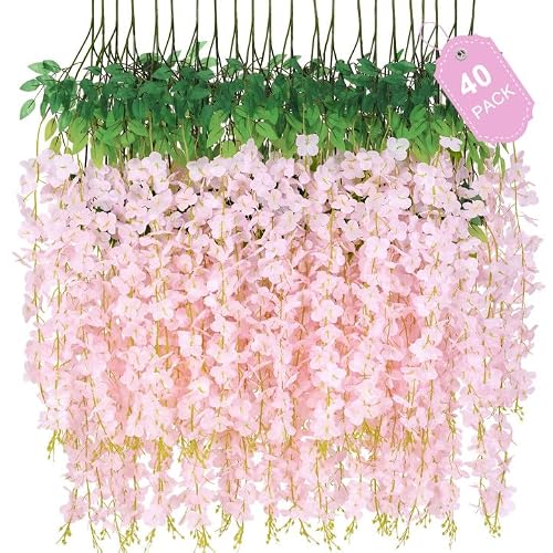 40 Pack Light Pink Wisteria Hanging Flowers, Fake Hanging Flowers for Decoration, Artificial Hanging Flowers,Vines for Bedroom,Flower Garland for Home,Party,Garden, Wall,Wedding Decoration(3.6 Ft/Pcs)