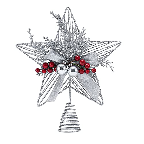 "Ornativity Silver Star Tree Topper - Christmas Glitter Silver Star Xmas Holiday Decor Tree Top Decoration with Silver Bells and Mistletoe and Holly Red Berries 11.5"""