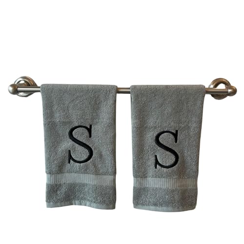 Gray with Black Monogrammed Hand Towels for Bathroom - Set of 2 Letter S - Luxury Hotel Quality Initial Towels For Powder Room, Spa, GOTS Organic Certified
