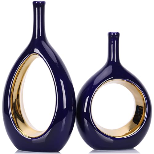 Blue and Gold Vase Ceramic Blue Vases Home Decor,Modern Minimalist Circle with Hole Decorative Vase, Hollow Ellipse Flower vases for Bookshelf, Fireplace Mantle, Centerpieces,Farmhouse,Rustic Décor