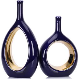 Blue and Gold Vase Ceramic Blue Vases Home Decor,Modern Minimalist Circle with Hole Decorative Vase, Hollow Ellipse Flower vases for Bookshelf, Fireplace Mantle, Centerpieces,Farmhouse,Rustic Décor