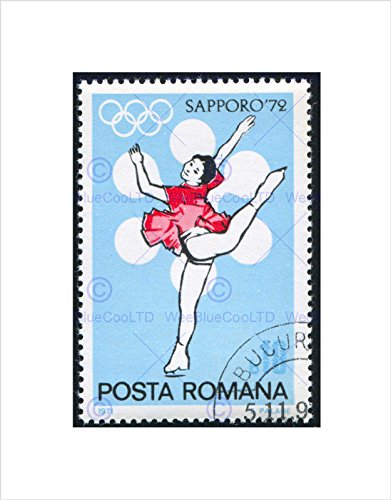 Wee Blue Coo STAMP ROMANIA 10 BANI ICE SKATING 1972 OLYMPICS JAPAN FRAMED PRINT B12X8177