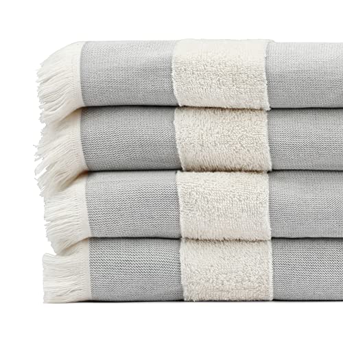 Lightweight Turkish Beach Towel - 100% BCI Cotton, Unbleached Raw Fringe, Oeko-TEX Certified, Absorbent, Eco-Friendly, 36x66 in, 1 lb, Natural Stripe, Portable Sarong Blanket for Pool, Travel, Gift