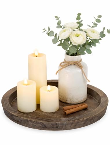 Hanobe Wooden Candle Holder Tray Round Decorative Trays for Coffee Table - Farmhouse Decor, Rustic Candle Plate for Pillar Candle, Paulownia Wood Tray for Table Centrepiece