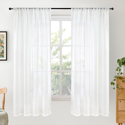 BGment White Semi Sheer Linen Curtains 63 Inch Length for Living Room 2 Panels Set - Rod Pocket Natural Textured Light Filtering Window Drapes for Bedroom Lightweight Rustic, 42 X 63 Inch