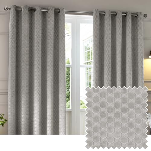 Paoletti Neptune Eyelet Curtain Pair – Lined Room Darkening Luxury Velvet Geometric Curtains (Silver - 229x183cm)