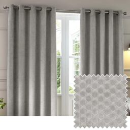 Paoletti Neptune Eyelet Curtain Pair – Lined Room Darkening Luxury Velvet Geometric Curtains (Silver - 229x183cm)