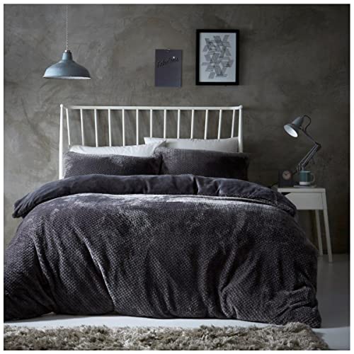 Gaveno Cavailia Popcorn King Duvet Set Charcoal, Honeycomb Waffle Weave Bedding, 3 Piece Teddy Flannel Fleece Reversible Bedlinen, Easy Care DuvetCover Bedset, 1 Quilt Cover and 2 Pillow Cases