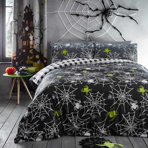 Bedlam - Halloween Spiders Duvet Cover - Double Bedding Size (200 x 200cm) - Reversible (2 Designs) - Black Check - Glow in the Dark - Spider Webs Halloween Bedding with Grey Decorations