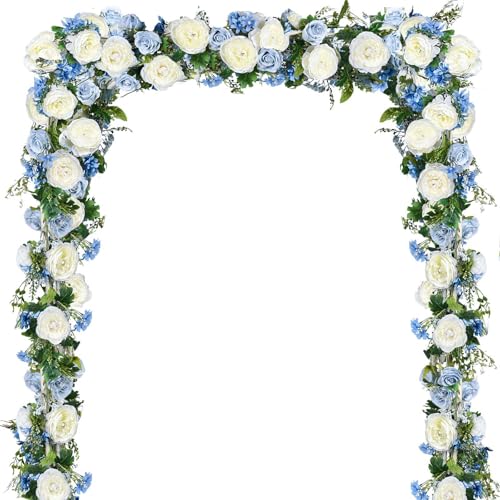 JoyHome 2 Pack Artificial Peony Flower Garland - 6ft Silk Peony Garland Flower Vine Blue and White Peony Silk Roses Flowers for Wedding Arch Party Table Decor (2, Blue)