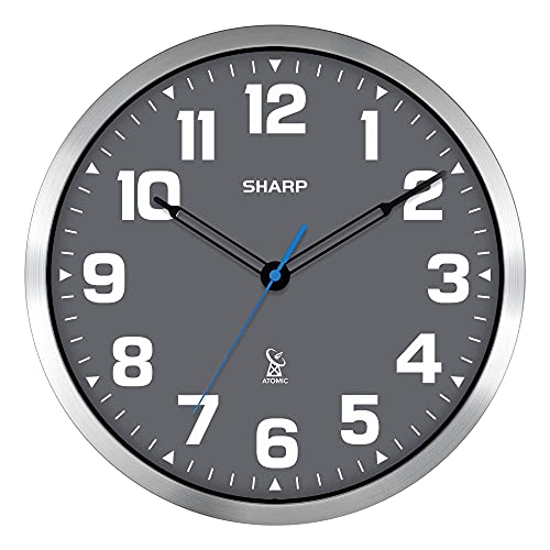 Sharp Atomic Analog Wall Clock - 12 inch Grey Face, Silver Brushed Finish - Sets Automatically- Battery Operated - Easy to Read - Easy to Use - Modern Design and Style