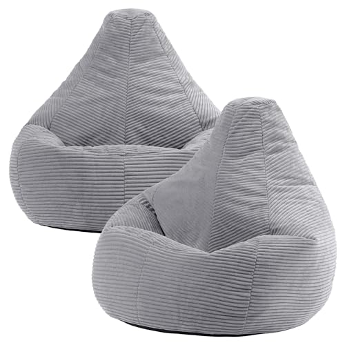 icon Dalton Cord Bean Bag Chair, Set of 2, Grey, Large Adult Bean Bag with Filling Included, Comfy Chair, Living Room Furniture, Bedroom Furniture