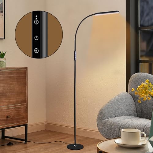 Woobroo LED Floor Lamp, Reading Standing Lamps with Touch Control for Living Room, Bedroom, Dimmable Standing Lamp with 5 Color Temperature & 5 Brightness Levels, Gooseneck Height Adjustable, Black