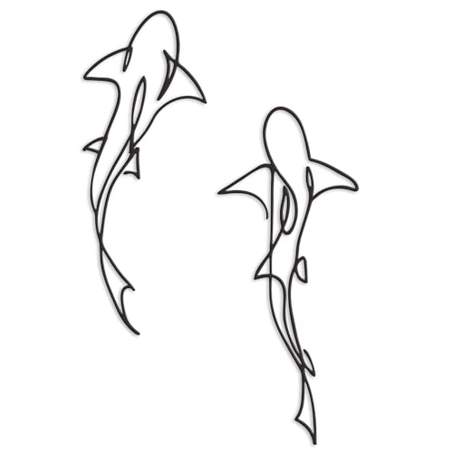 Metal Fish Wall Decor - Nautical Shark Room Art, Abstract Line Shark Design for Coastal-Themed Interiors(set of 2,Black)