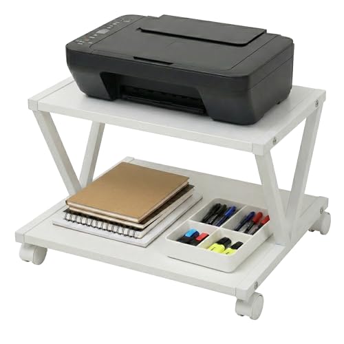 Relaxdays printer trolley with castors, 2 tiers, HxWxD: 28 x 44 x 28 cm, office, MDF & metal, white